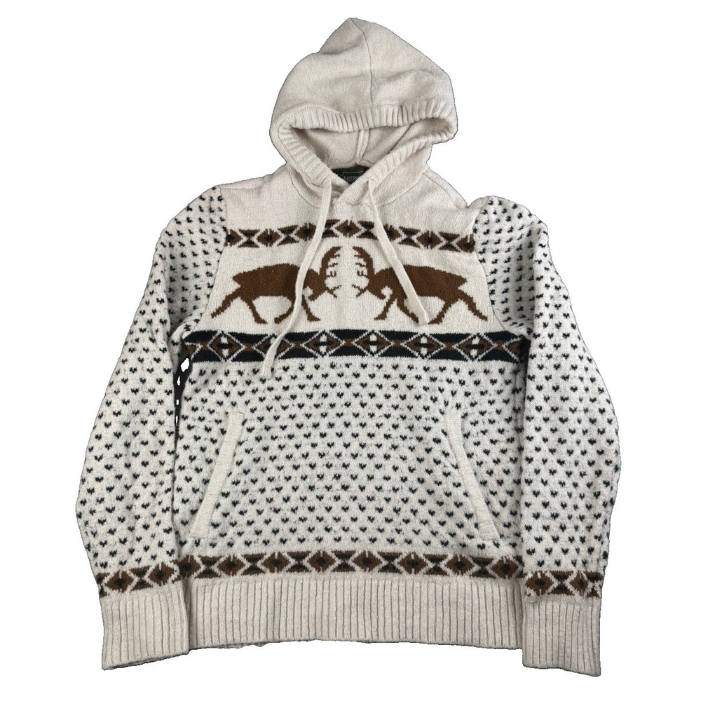 American Eagle Sweater Mens M Moose Fair Isle Hooded Knit Pullover Southwestern